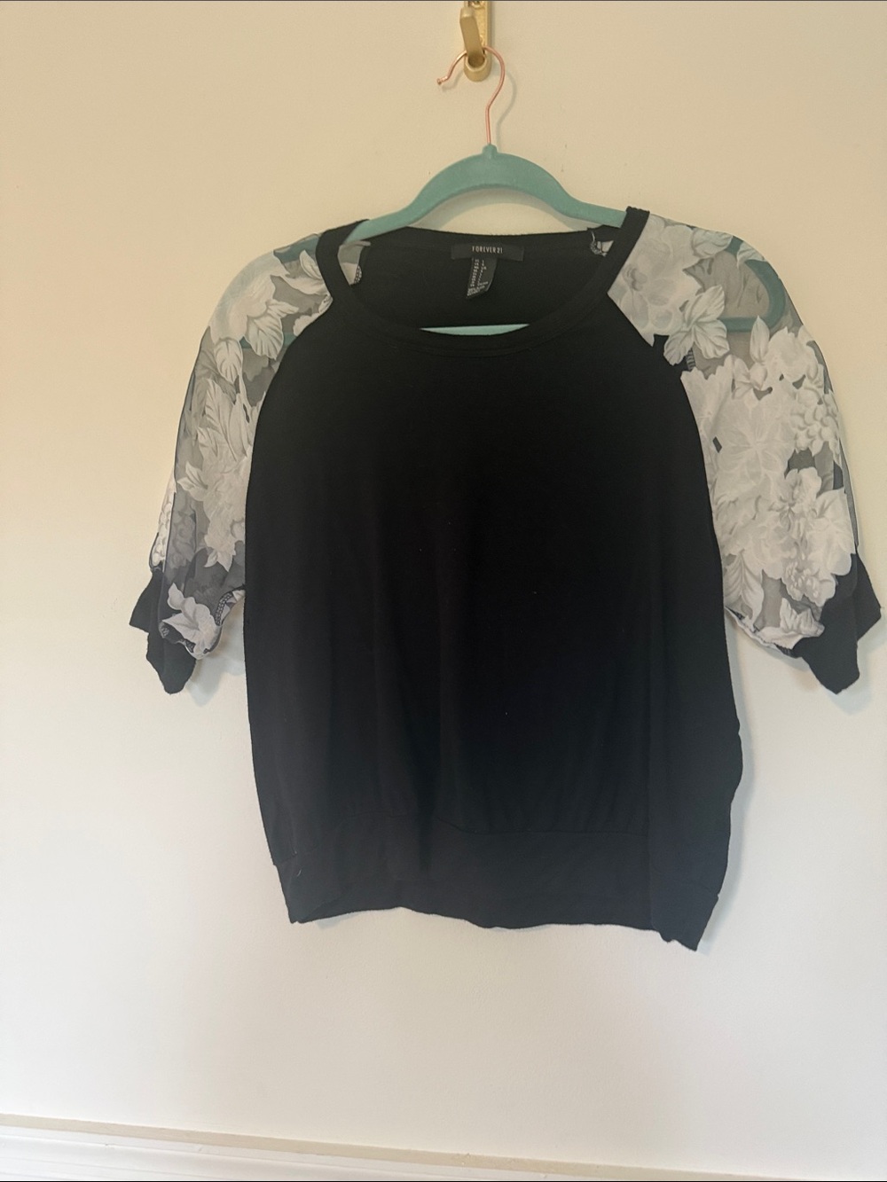 Forever 21 Black Pullover with Sheer Floral Puff Sleeves